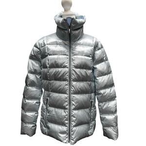 Lands End Wide Channel Quilted Puffer Coat Metallic Ice Blue Size 16p